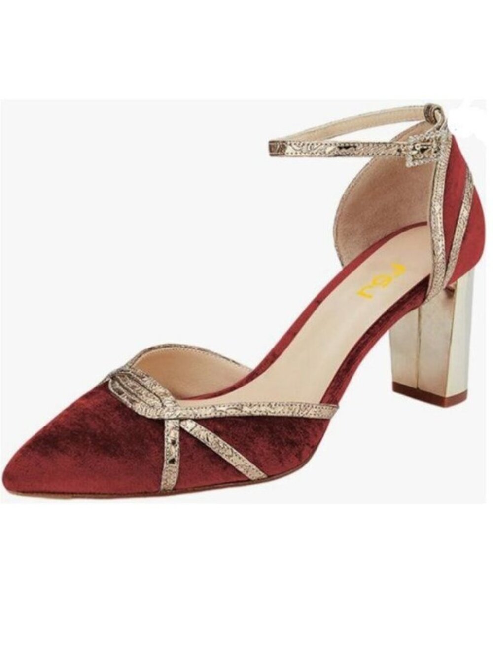 FSJ Orange Buckle Strap Chunky Heel D'Orsay Pumps Pointed Toe Velvet Dress Shoes